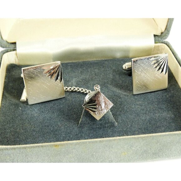 Dante Vintage Cufflinks Set with Tie Tack Pin Silvertone Square Formal Groom Box - Picture 3 of 7